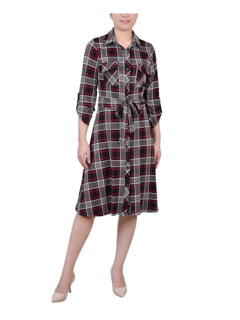 NY Collection 3/4 Sleeve Roll Tab Shirtdress + Belt Red Black Petite Size PM $58